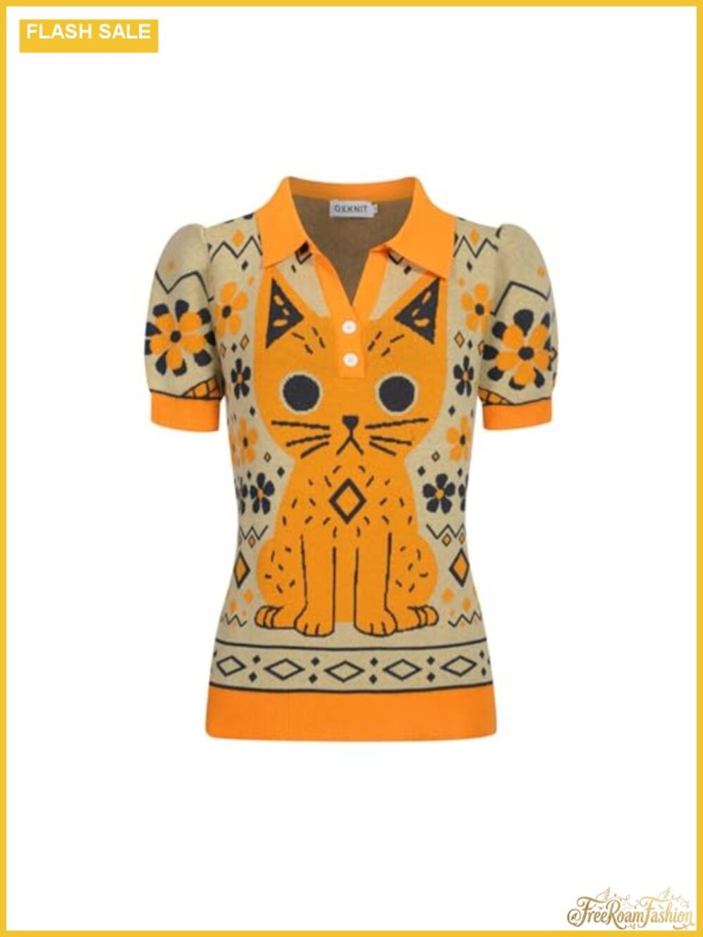 Knit Polo Shirt Short Sleeve Cat Pattern V-Neck Quarter Button Top